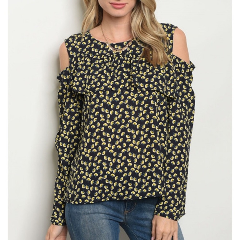 Navy and yellow floral cold shoulder blouse